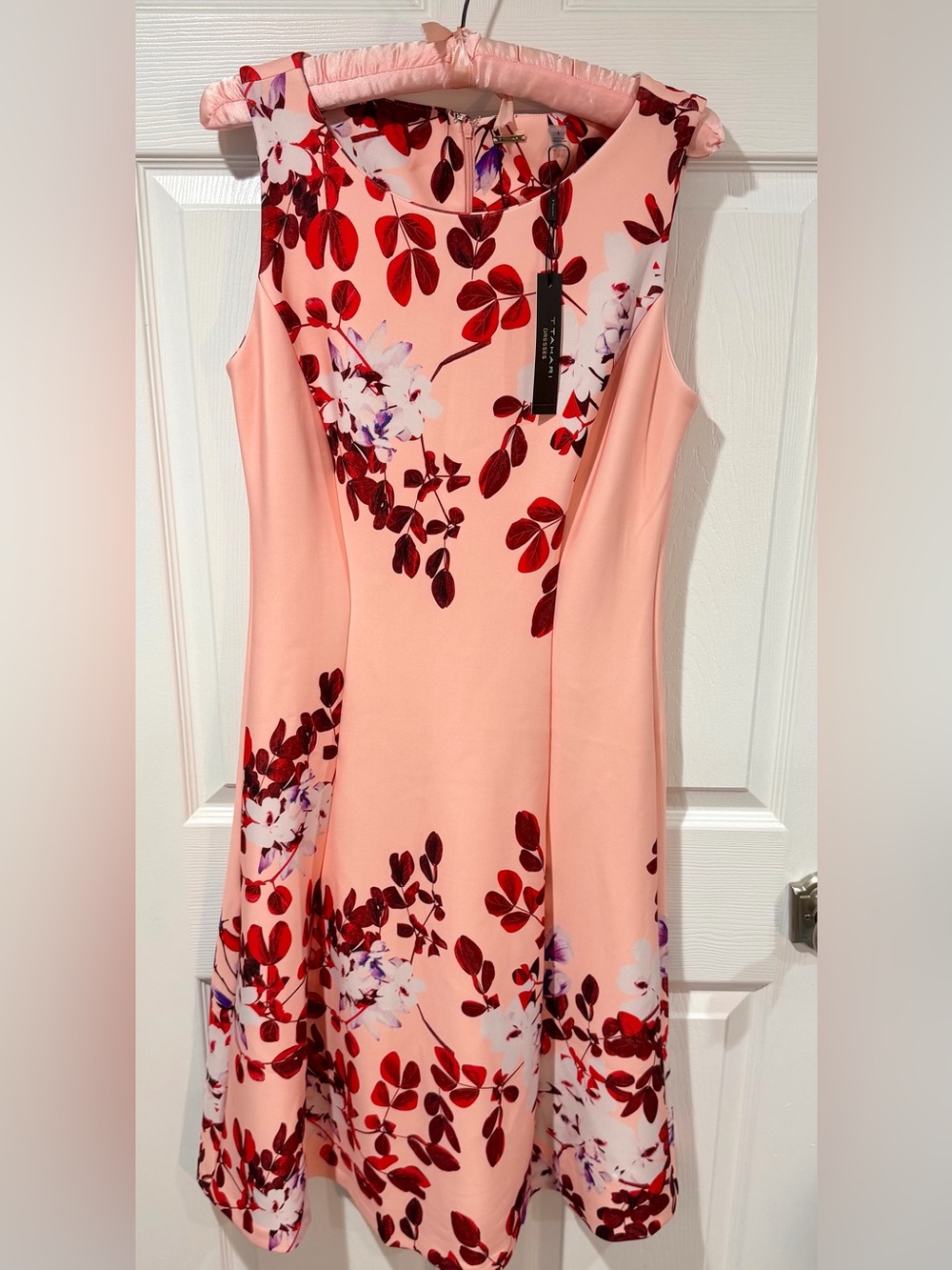 Tahari Pink Floral A-Line Dress with Red Leaf Print